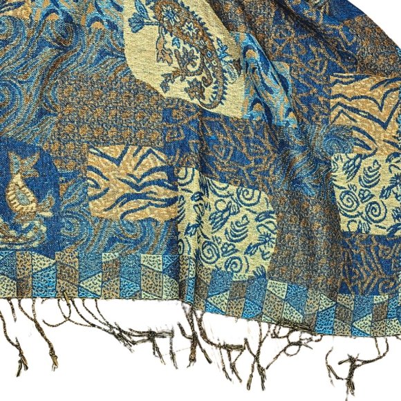 Paisley Gold Metallic Blue Yellow Pashmina Scarf - Picture 5 of 10